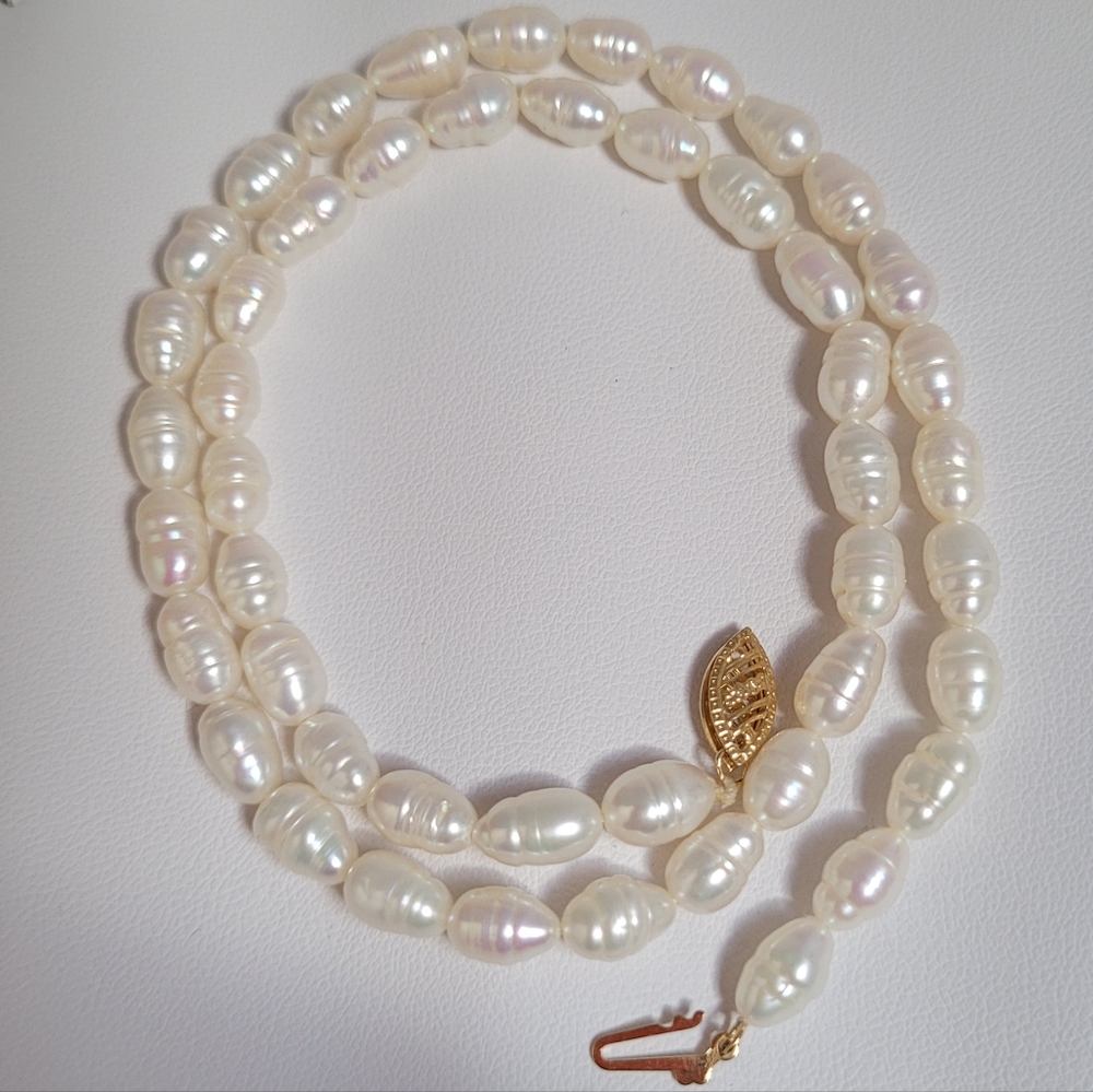 14k Solid Gold Clasp Pearl Necklace, 18" Length, AAA Luster Pearls 7.5mm x 5.5mm
